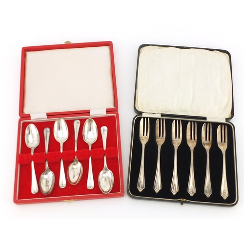 2274 - Set of six silver cake forks and teaspoons with fitted cases, various hallmarks, the spoons 11cm in ... 