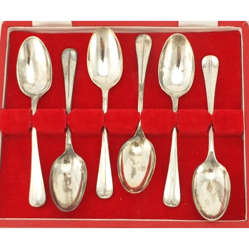 2274 - Set of six silver cake forks and teaspoons with fitted cases, various hallmarks, the spoons 11cm in ... 