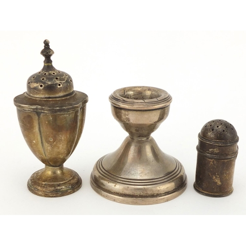 2272 - Silver urn shaped caster, dwarf candlestick and one other caster, various hallmarks, the largest 8.5... 