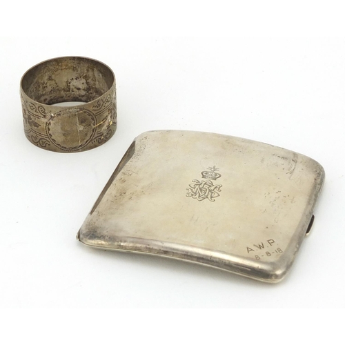 2271 - Silver cigarette case and circular silver napkin ring, the cigarette case hallmarked Birmingham 1910... 