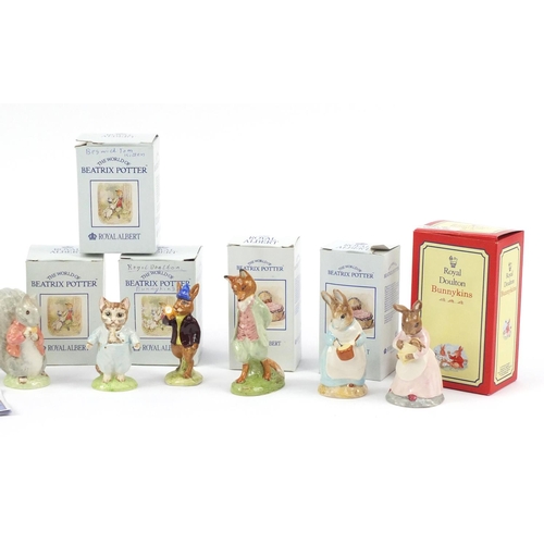 2217 - Nine Royal Doulton Bunnykins and Royal Albert Beatrix Potter figures, with boxes including Bedtime D... 