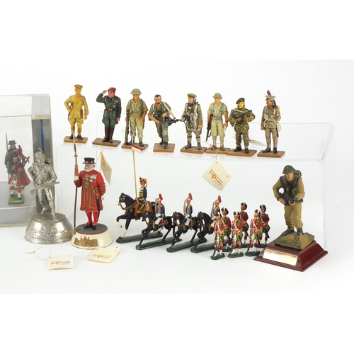 2332 - Hand painted Military figures including two Charles Stadden and two Britains scenes of London with b... 