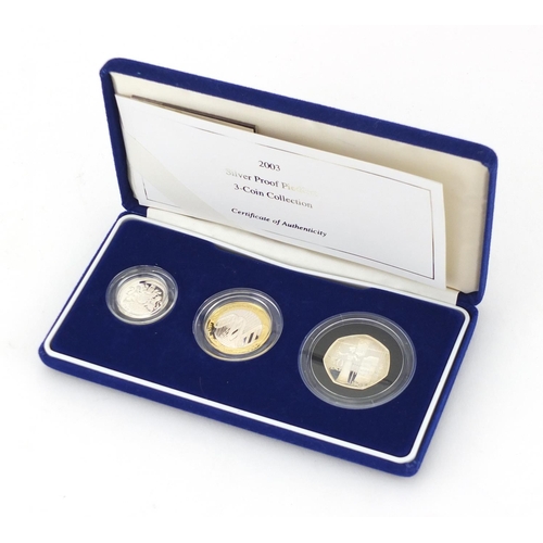 2293 - 2003 silver proof piedfort three coin collection with case and certificates