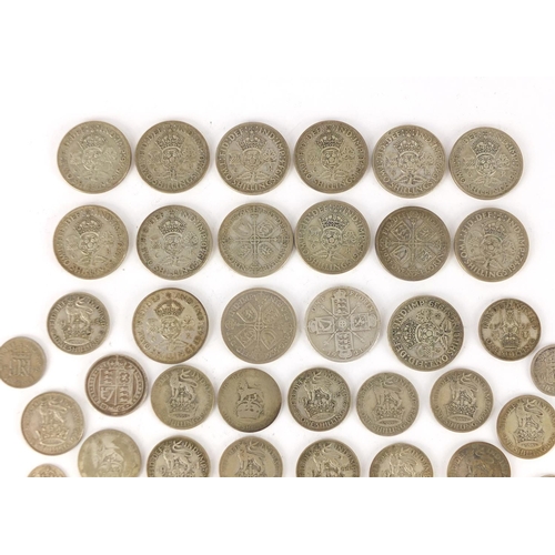 2303 - Mostly British pre 1947 coins including shillings, approximate weight 285.0g