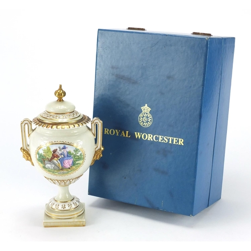 2139 - Royal Worcester pedestal vase and cover with twin handles and box, decorated with a courting couple,... 