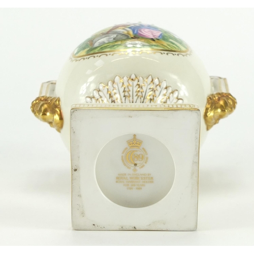 2139 - Royal Worcester pedestal vase and cover with twin handles and box, decorated with a courting couple,... 