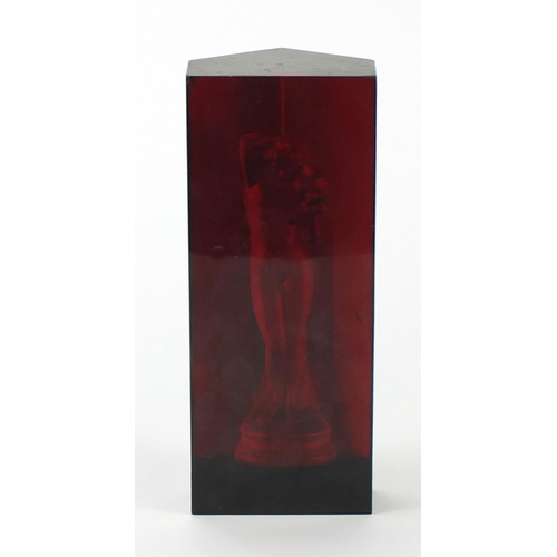 2109 - Red Lucite maiden paperweight, 22cm high