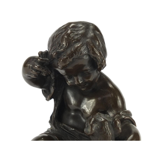 2065 - Patinated bronze study of a young girl with a dog, incised Ofa to the reverse, 13.5cm high