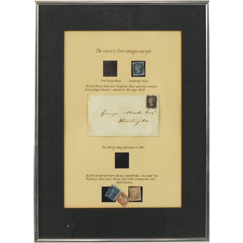 2311 - Framed display of 19th century postal history including penny blacks, penny reds two penny blues