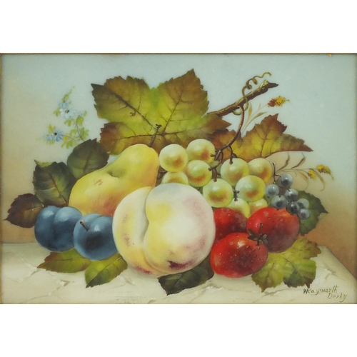 2212 - W Rayworth Derby opaline glass panel, hand painted with still life, mounted and framed, 20.5cm x 15.... 
