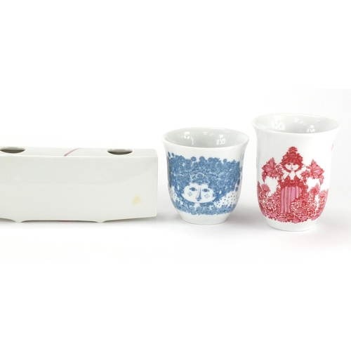 2164 - Four Danish porcelain beakers designed by Bjorn Wiinblad and a Royal Dux flower vase, the largest 11... 
