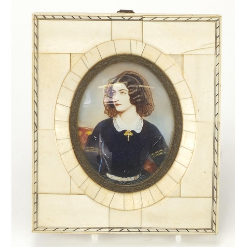2325 - Oval hand painted portrait miniature of a female, housed in a sectional ivory frame, the miniature 8... 