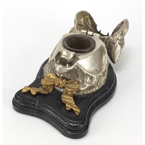 2167 - Novelty silvered metal cat design inkwell with black slate base, 18.5cm in length