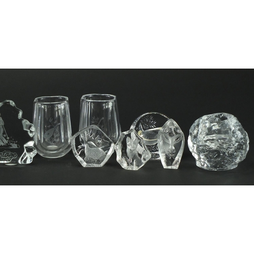 2138 - Mostly Swedish glass paperweights and vases including Orrefors, Mats Jonasson and Nybro, the largest... 