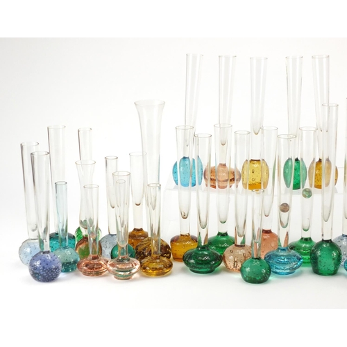 2182 - Collection of glass vases with colourful bubble bases, each approximately 21cm high