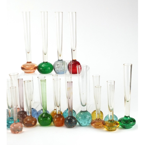 2182 - Collection of glass vases with colourful bubble bases, each approximately 21cm high