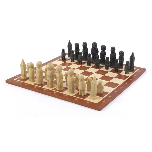 2343 - Political interest Tory and Labour design chess set with board, the largest piece 12cm high