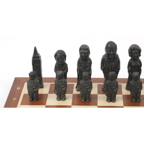 2343 - Political interest Tory and Labour design chess set with board, the largest piece 12cm high