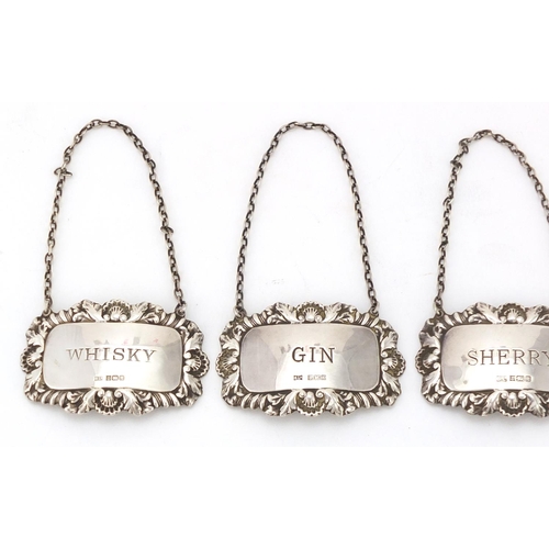 2275 - Set of four silver decanter labels, gin, whisky, sherry and brandy, by Bishtons Limited ,Birmingham ... 