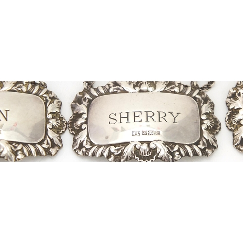 2275 - Set of four silver decanter labels, gin, whisky, sherry and brandy, by Bishtons Limited ,Birmingham ... 