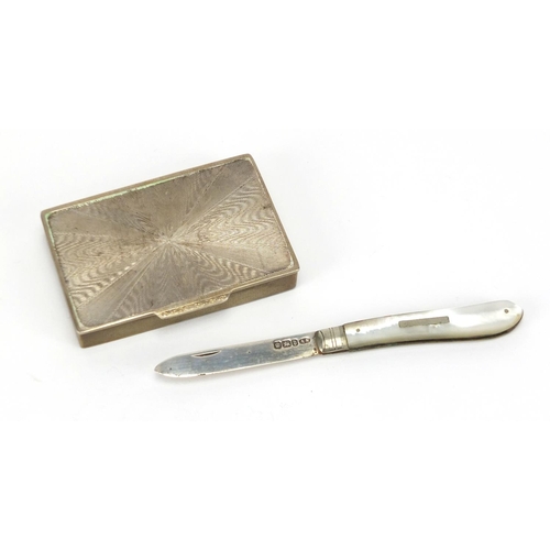 589 - Gold cased cigarette case and a silver bladed mother of pearl flanked folding fruit knife