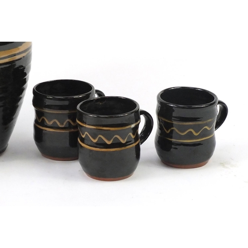 793 - Cricklade pottery barrel and three cups, the barrel 33cm high
