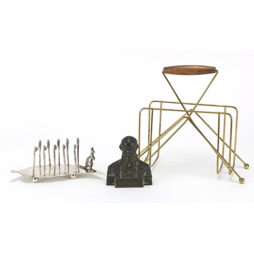 743 - Arts & Crafts style letter rack, silver plated kangaroo toast rack and bronze bust of H. Sachs