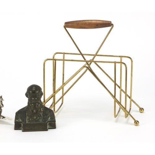 743 - Arts & Crafts style letter rack, silver plated kangaroo toast rack and bronze bust of H. Sachs