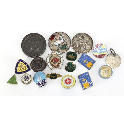 663 - Enamelled badges and coins including Butlins, George IV 1821 enamelled crown, George III 1797 cartwh... 