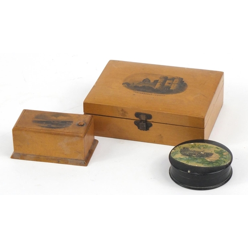 692 - Two mauchline ware boxes and a circular papier-mâché box and cover, decorated with Brighton beach fr... 