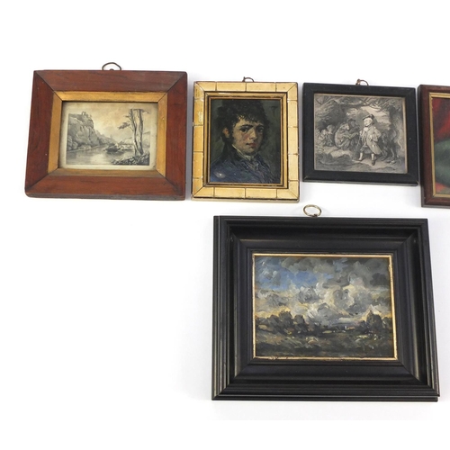 809 - Five antique and later miniature paintings and prints, each framed, the largest 15cm x 11cm