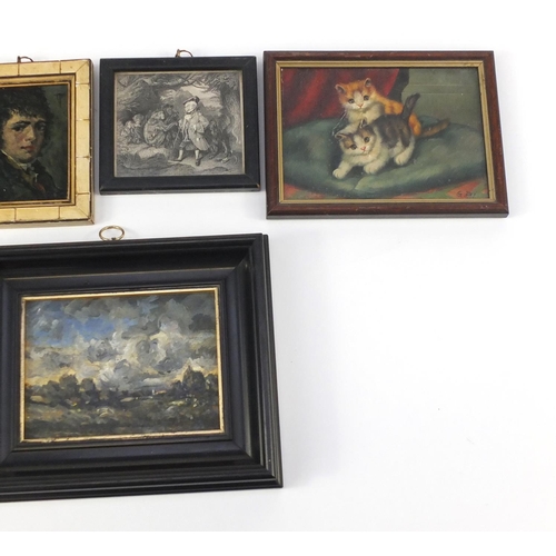 809 - Five antique and later miniature paintings and prints, each framed, the largest 15cm x 11cm