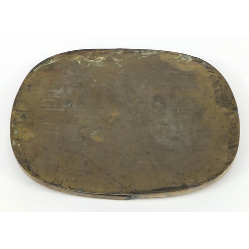 788 - Chinese brass twin handled tray, engraved with figures amongst foliage, 51cm in length