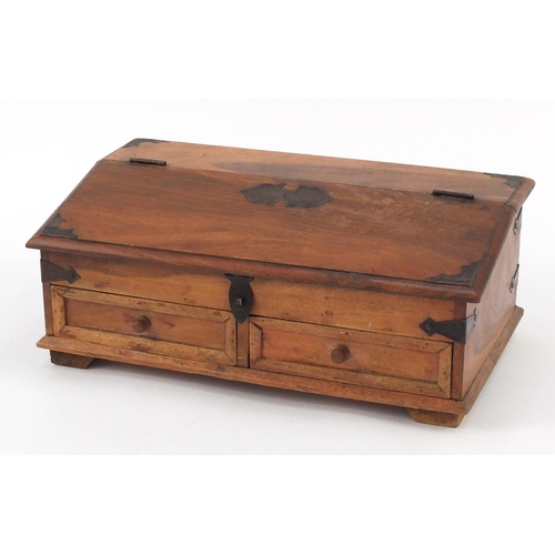 84 - Mexican pine slope front stationery box with two drawers to the base, 45cm wide