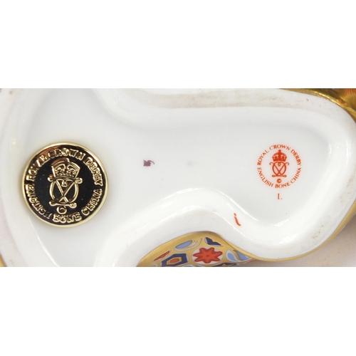 2233 - Royal Crown Derby walrus and cat paperweights with stoppers and boxes, the largest 12.5cm high