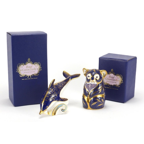 2234 - Royal Crown Derby dolphin and koala paperweights, with stoppers and boxes, the largest 15cm in lengt... 