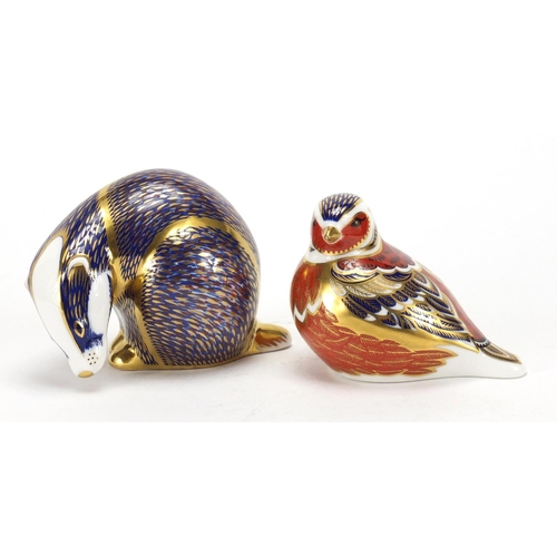 2238 - Royal Crown Derby badger and bird paperweights, with stoppers and boxes, the largest 8cm high