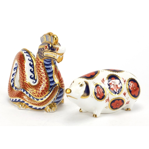 2237 - Royal Crown Derby dragon and pig paperweights, with boxes, one with stopper, the largest 11.5cm high