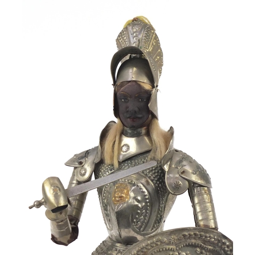 67 - Model suit of armour raised on a wooden base, 65cm high