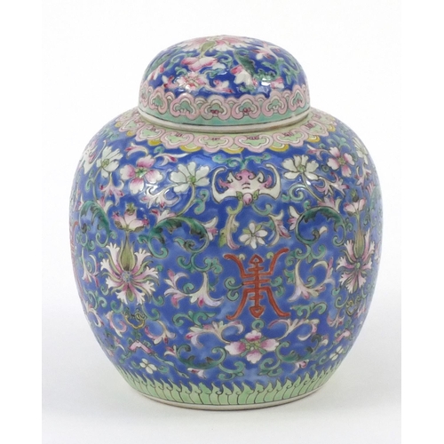 736 - Chinese porcelain ginger jar and cover, hand painted with flowers, 15cm high