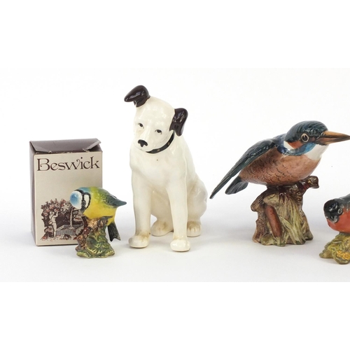 767 - Three Beswick animals including a kingfisher and a HMV dog, the largest 16.5cm high