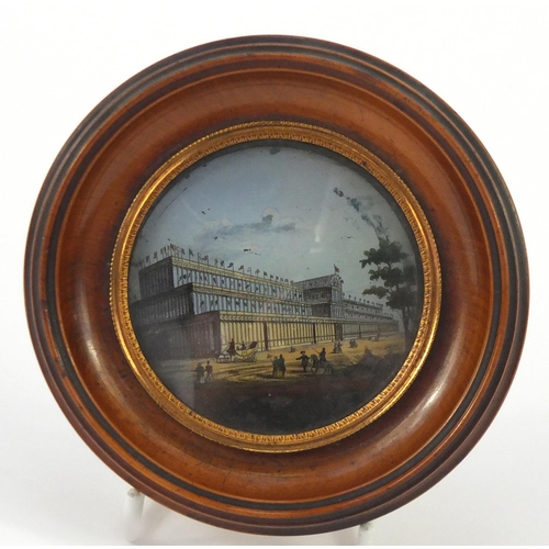 620 - Crystal Palace miniature reverse glass painting, framed, inscribed verso, 7cm in diameter