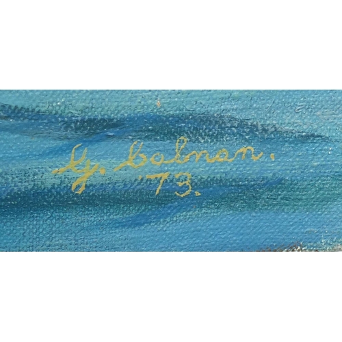 2226 - Ships on calm seas, oil on canvas, bearing an indistinct signature possibly Colman, unframed, 117cm ... 