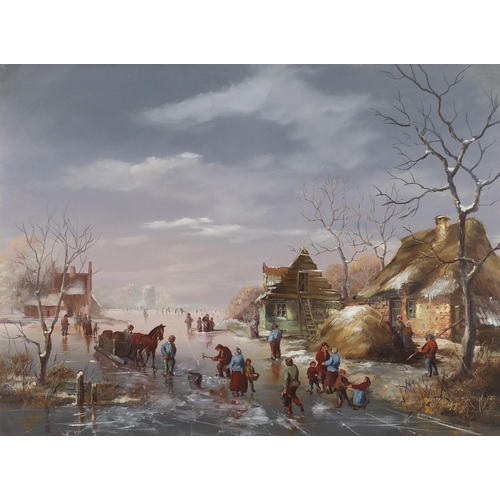2072 - Dutch snowy landscape with figures and a windmill, oil on wood panel, mounted and framed, 39cm x 29.... 