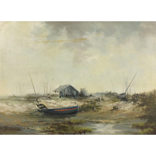 2151 - Saunders - Moored boats, oil on board, Devon Galleries label verso, mounted and framed, 56.5cm x 41.... 