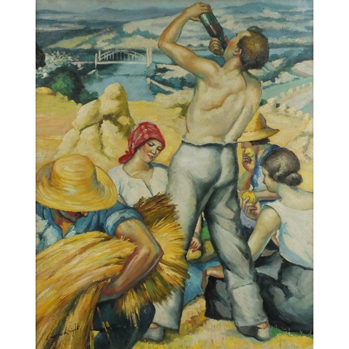 2033 - Figures before a bridge, oil on board, bearing a signature Laura Knight, framed, 50cm x 39.5cm