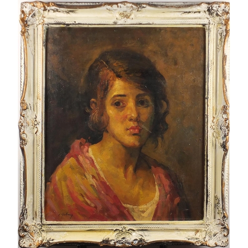 2287 - Portrait of a young girl, Russian school oil on board, bearing a signature possibly Horlomaff and in... 