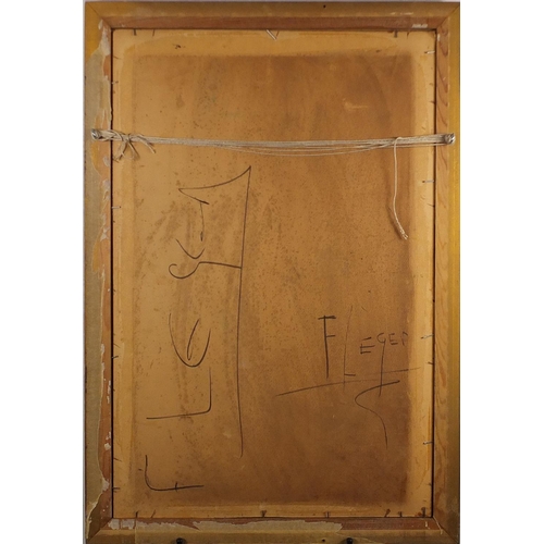 2035 - Abstract composition, two Cubist figures, oil on board, bearing a monogram FL and inscription verso,... 