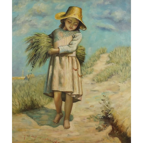 2123 - Young girl carrying wheat, Italian school oil on board, bearing an indistinct signature possibly M D... 