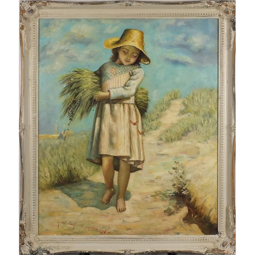 2123 - Young girl carrying wheat, Italian school oil on board, bearing an indistinct signature possibly M D... 